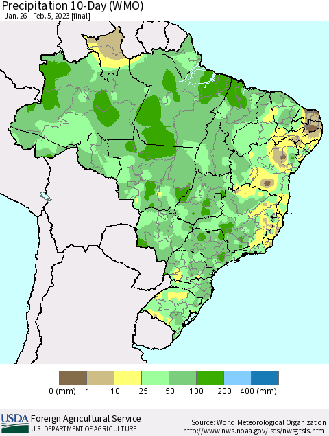 Brazil Precipitation 10-Day (WMO) Thematic Map For 1/26/2023 - 2/5/2023