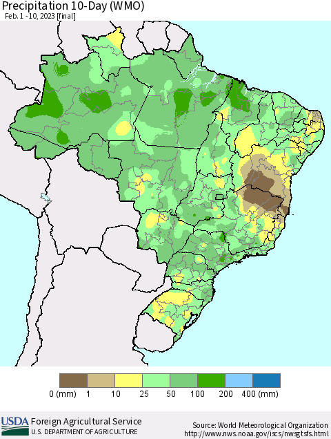 Brazil Precipitation 10-Day (WMO) Thematic Map For 2/1/2023 - 2/10/2023
