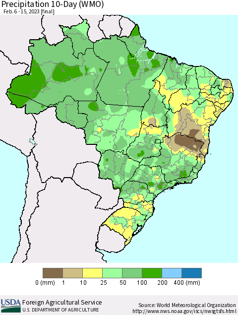 Brazil Precipitation 10-Day (WMO) Thematic Map For 2/6/2023 - 2/15/2023