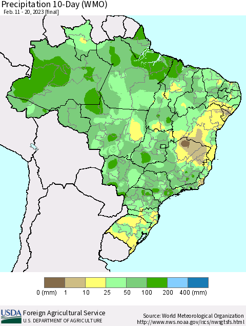 Brazil Precipitation 10-Day (WMO) Thematic Map For 2/11/2023 - 2/20/2023