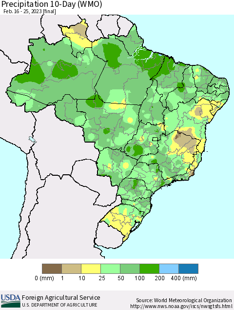 Brazil Precipitation 10-Day (WMO) Thematic Map For 2/16/2023 - 2/25/2023