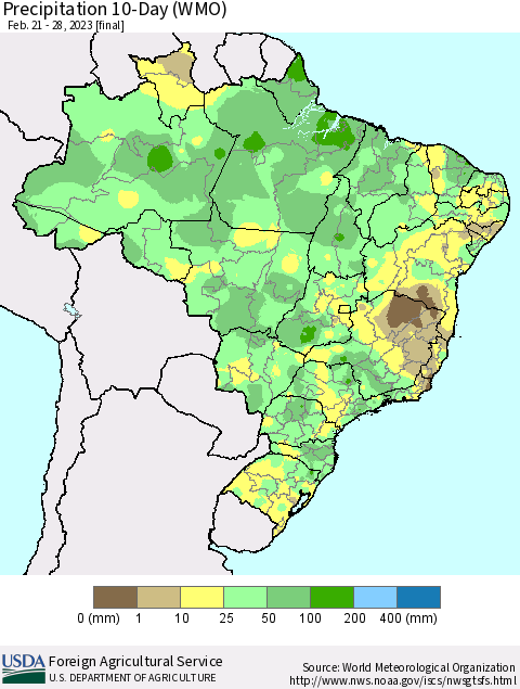 Brazil Precipitation 10-Day (WMO) Thematic Map For 2/21/2023 - 2/28/2023