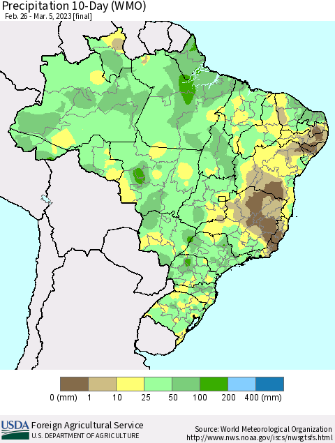 Brazil Precipitation 10-Day (WMO) Thematic Map For 2/26/2023 - 3/5/2023