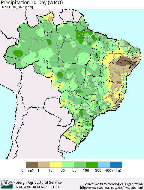 Brazil Precipitation 10-Day (WMO) Thematic Map For 3/1/2023 - 3/10/2023