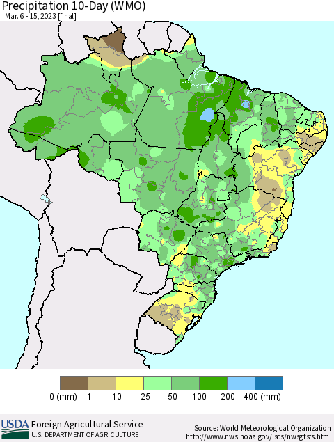 Brazil Precipitation 10-Day (WMO) Thematic Map For 3/6/2023 - 3/15/2023