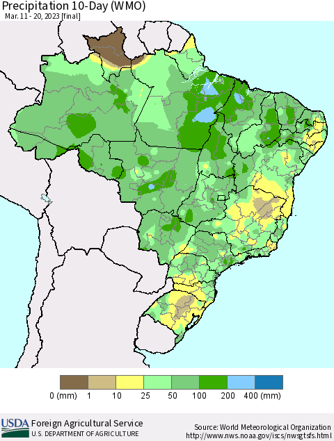 Brazil Precipitation 10-Day (WMO) Thematic Map For 3/11/2023 - 3/20/2023