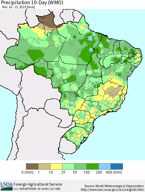 Brazil Precipitation 10-Day (WMO) Thematic Map For 3/16/2023 - 3/25/2023