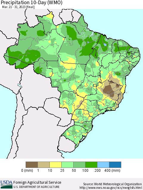 Brazil Precipitation 10-Day (WMO) Thematic Map For 3/21/2023 - 3/31/2023