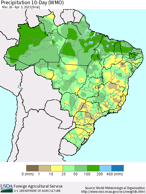 Brazil Precipitation 10-Day (WMO) Thematic Map For 3/26/2023 - 4/5/2023