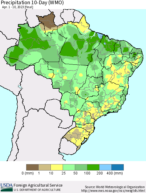 Brazil Precipitation 10-Day (WMO) Thematic Map For 4/1/2023 - 4/10/2023