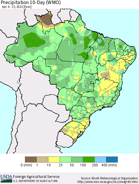 Brazil Precipitation 10-Day (WMO) Thematic Map For 4/6/2023 - 4/15/2023