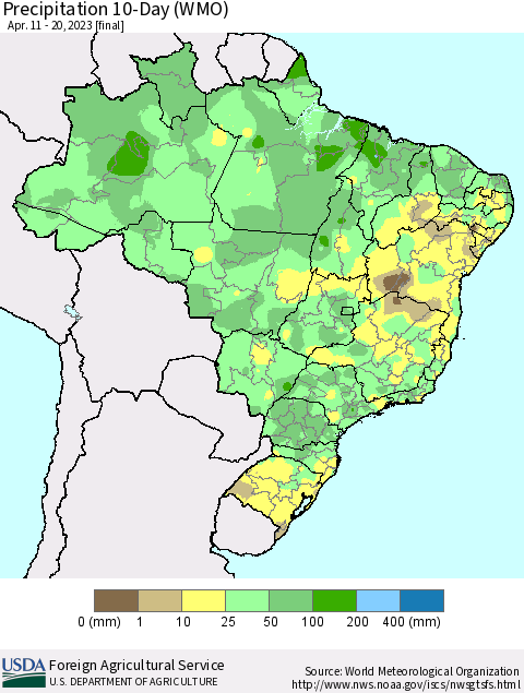 Brazil Precipitation 10-Day (WMO) Thematic Map For 4/11/2023 - 4/20/2023