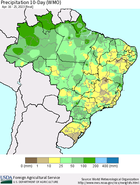 Brazil Precipitation 10-Day (WMO) Thematic Map For 4/16/2023 - 4/25/2023