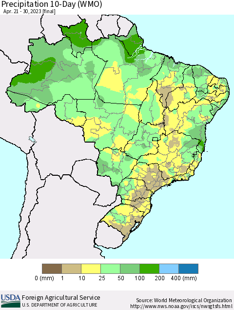 Brazil Precipitation 10-Day (WMO) Thematic Map For 4/21/2023 - 4/30/2023
