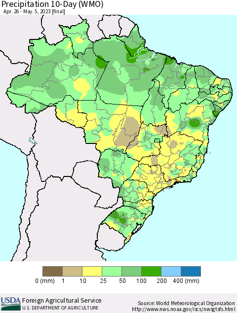 Brazil Precipitation 10-Day (WMO) Thematic Map For 4/26/2023 - 5/5/2023