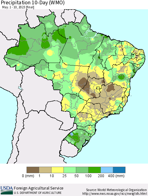 Brazil Precipitation 10-Day (WMO) Thematic Map For 5/1/2023 - 5/10/2023