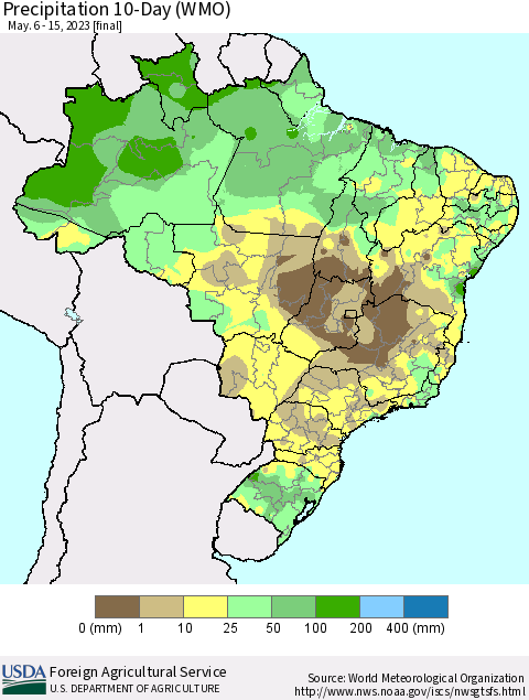 Brazil Precipitation 10-Day (WMO) Thematic Map For 5/6/2023 - 5/15/2023