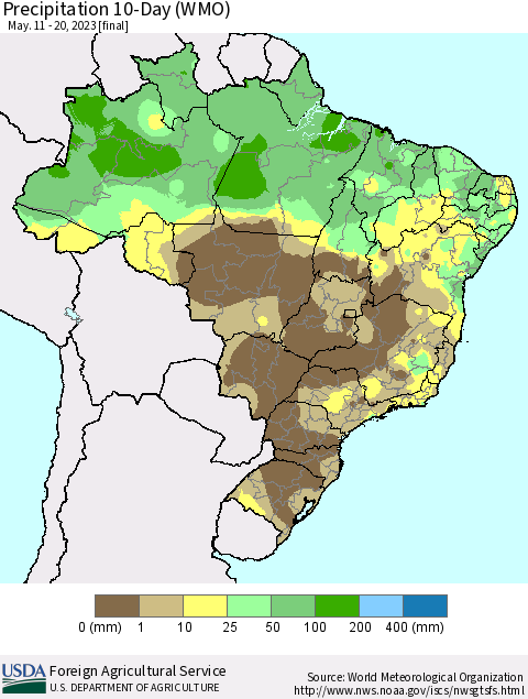 Brazil Precipitation 10-Day (WMO) Thematic Map For 5/11/2023 - 5/20/2023