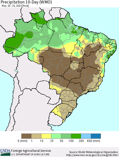 Brazil Precipitation 10-Day (WMO) Thematic Map For 5/16/2023 - 5/25/2023