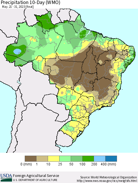 Brazil Precipitation 10-Day (WMO) Thematic Map For 5/21/2023 - 5/31/2023