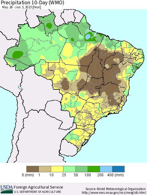 Brazil Precipitation 10-Day (WMO) Thematic Map For 5/26/2023 - 6/5/2023