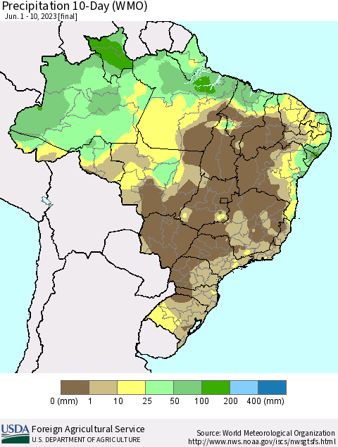 Brazil Precipitation 10-Day (WMO) Thematic Map For 6/1/2023 - 6/10/2023