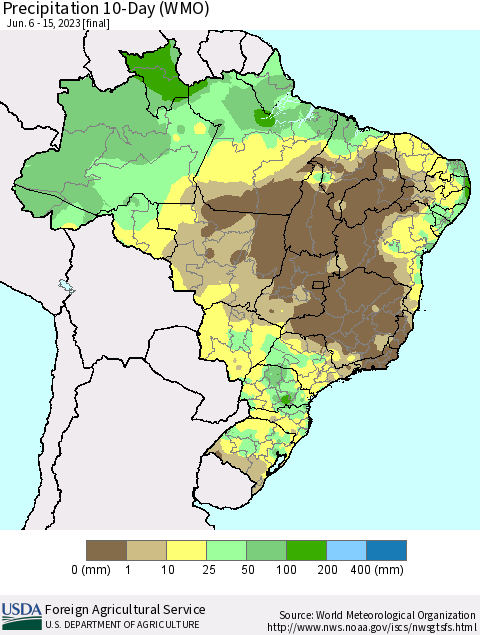 Brazil Precipitation 10-Day (WMO) Thematic Map For 6/6/2023 - 6/15/2023