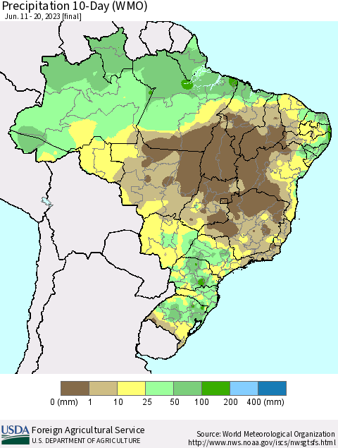 Brazil Precipitation 10-Day (WMO) Thematic Map For 6/11/2023 - 6/20/2023