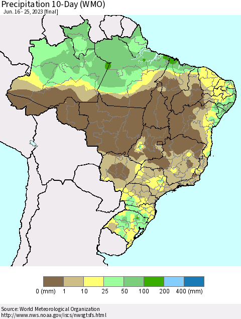 Brazil Precipitation 10-Day (WMO) Thematic Map For 6/16/2023 - 6/25/2023