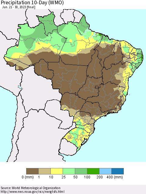 Brazil Precipitation 10-Day (WMO) Thematic Map For 6/21/2023 - 6/30/2023