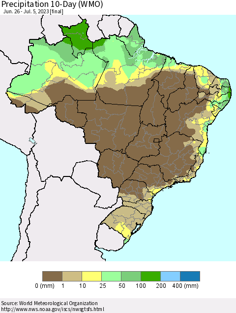 Brazil Precipitation 10-Day (WMO) Thematic Map For 6/26/2023 - 7/5/2023