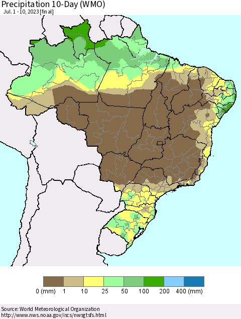Brazil Precipitation 10-Day (WMO) Thematic Map For 7/1/2023 - 7/10/2023