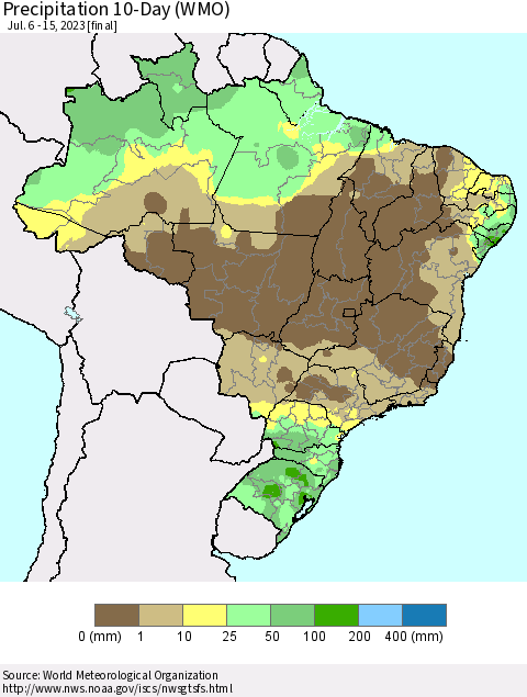 Brazil Precipitation 10-Day (WMO) Thematic Map For 7/6/2023 - 7/15/2023