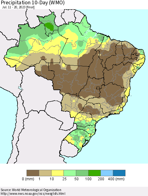 Brazil Precipitation 10-Day (WMO) Thematic Map For 7/11/2023 - 7/20/2023