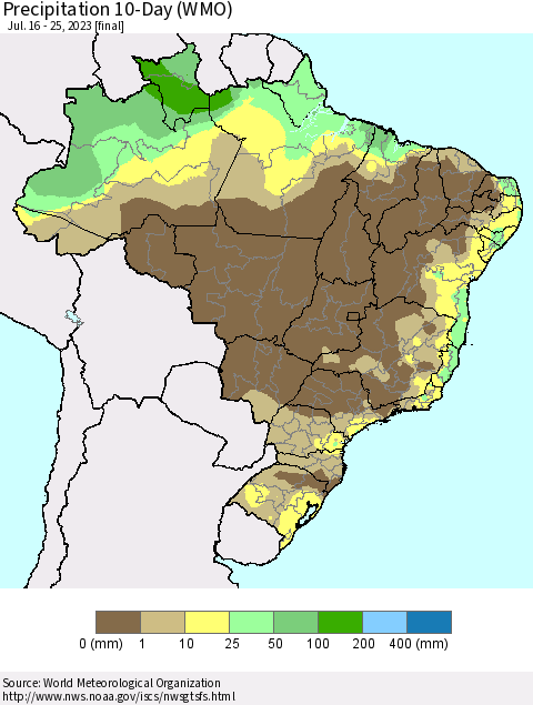 Brazil Precipitation 10-Day (WMO) Thematic Map For 7/16/2023 - 7/25/2023