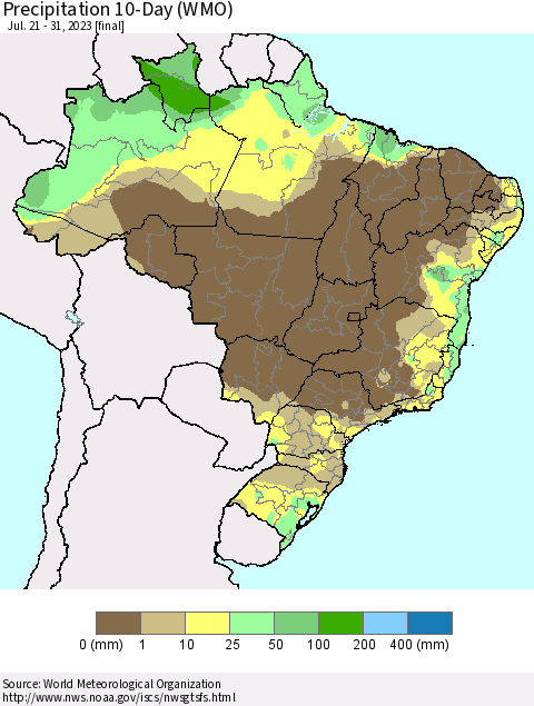 Brazil Precipitation 10-Day (WMO) Thematic Map For 7/21/2023 - 7/31/2023
