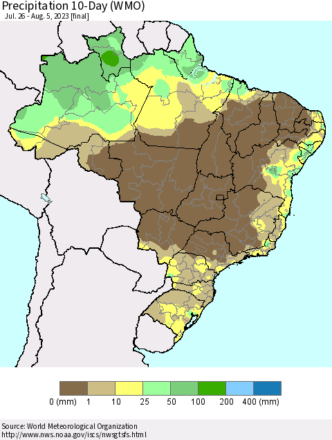 Brazil Precipitation 10-Day (WMO) Thematic Map For 7/26/2023 - 8/5/2023