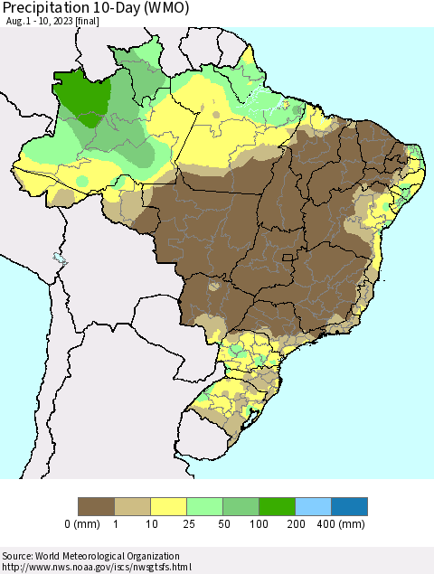 Brazil Precipitation 10-Day (WMO) Thematic Map For 8/1/2023 - 8/10/2023