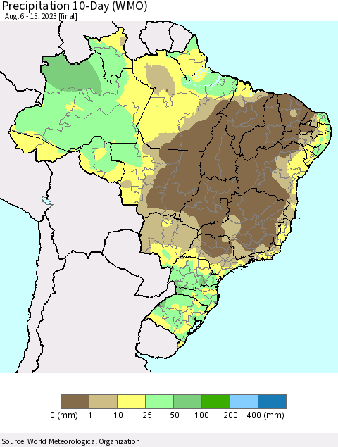 Brazil Precipitation 10-Day (WMO) Thematic Map For 8/6/2023 - 8/15/2023