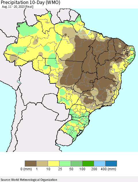 Brazil Precipitation 10-Day (WMO) Thematic Map For 8/11/2023 - 8/20/2023