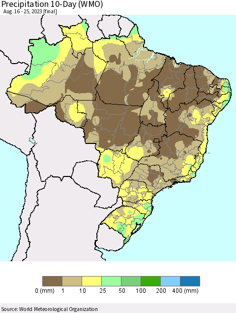 Brazil Precipitation 10-Day (WMO) Thematic Map For 8/16/2023 - 8/25/2023
