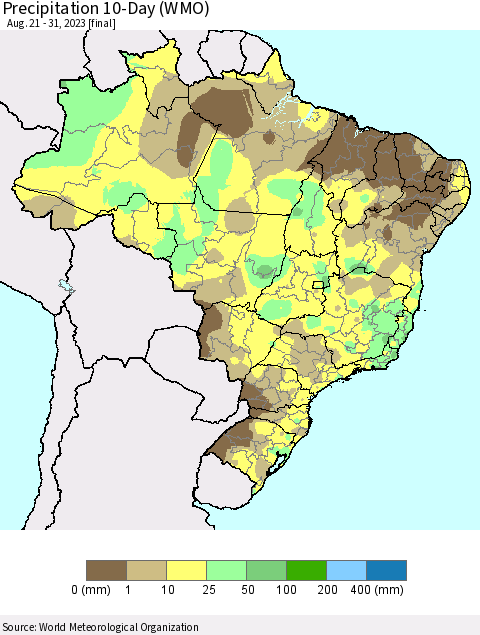 Brazil Precipitation 10-Day (WMO) Thematic Map For 8/21/2023 - 8/31/2023