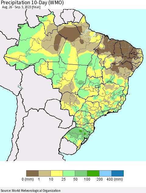 Brazil Precipitation 10-Day (WMO) Thematic Map For 8/26/2023 - 9/5/2023