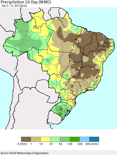 Brazil Precipitation 10-Day (WMO) Thematic Map For 9/6/2023 - 9/15/2023