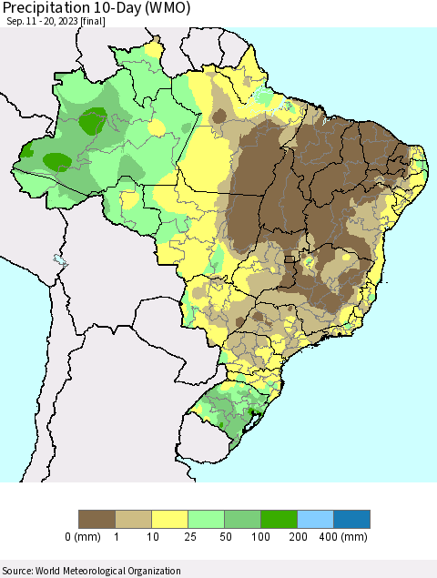 Brazil Precipitation 10-Day (WMO) Thematic Map For 9/11/2023 - 9/20/2023