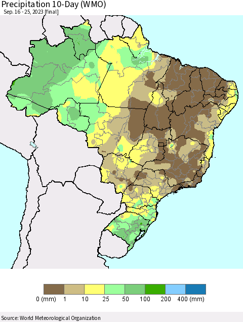 Brazil Precipitation 10-Day (WMO) Thematic Map For 9/16/2023 - 9/25/2023