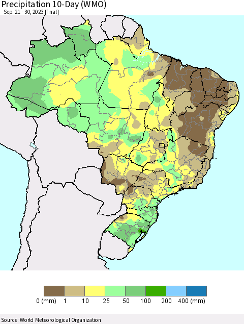Brazil Precipitation 10-Day (WMO) Thematic Map For 9/21/2023 - 9/30/2023