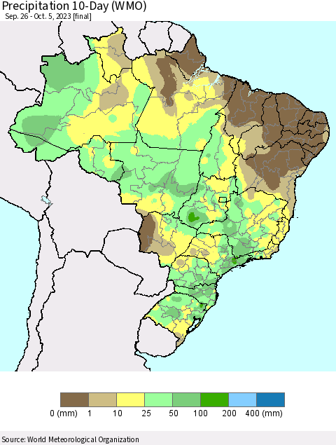 Brazil Precipitation 10-Day (WMO) Thematic Map For 9/26/2023 - 10/5/2023