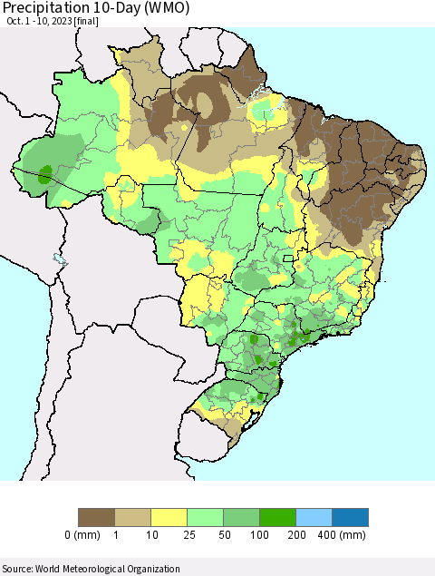 Brazil Precipitation 10-Day (WMO) Thematic Map For 10/1/2023 - 10/10/2023