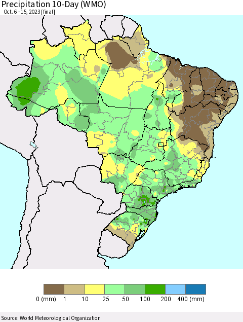 Brazil Precipitation 10-Day (WMO) Thematic Map For 10/6/2023 - 10/15/2023
